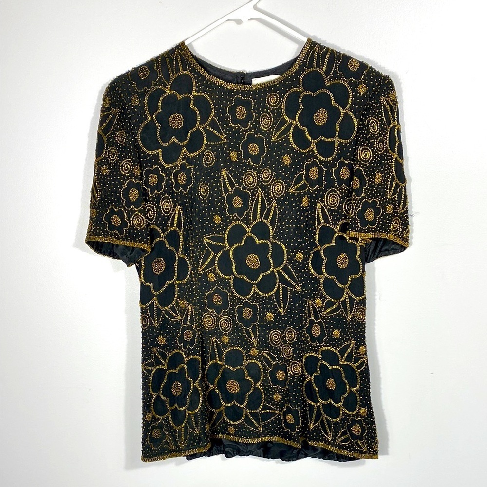 Leslie Fay Evenings fully beaded silk blouse size 12 black and gold